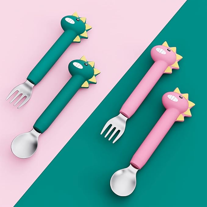 Forks and Spoons Cartoon Set Stainless Steel Utensils Flatware Round Handle Utensils Silverware Flatware Cutlery Set for Home, Kitchen and Restaurant (Pink Dinosaur - Long)