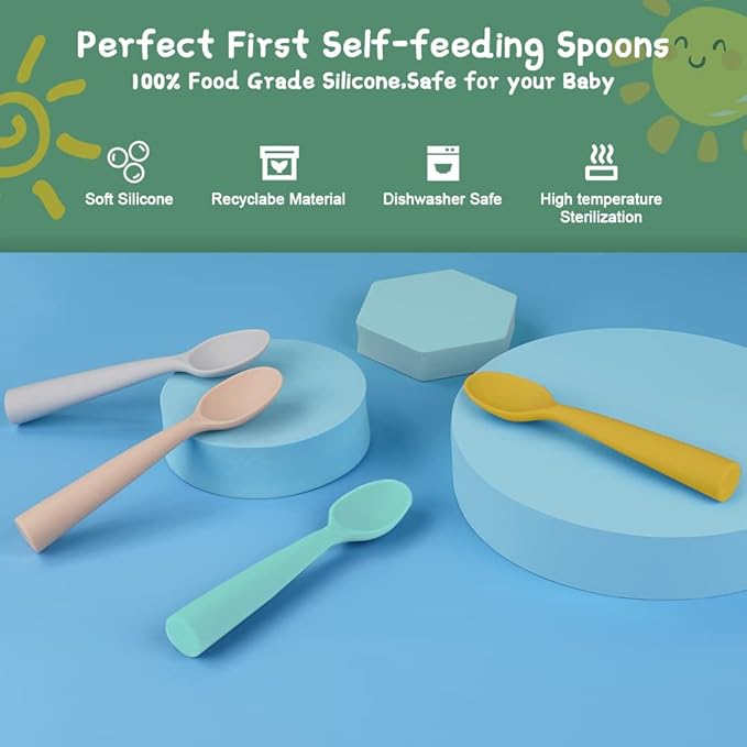 Vicloon Silicone Baby Feeding Spoons, 4 PCS Baby Spoons, First Stage Feeding Spoons for Infants, Silicone Baby Spoons Ultra-Durable & Chewproof, Silicone Feeding Spoons Dishwasher Safe,Baby Utensils