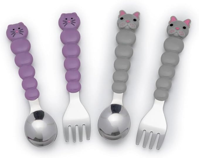 melii Toddler and Kid Feeding Spoon & Fork Set, Stainless Steel, BPA Free, Dishwasher safe (Cat & Bulldog 4pc)
