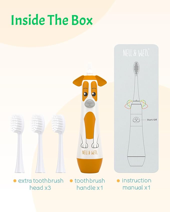 NELL&WELL Kids Electric Toothbrush, 2-Min Timer, 3 Modes with Memory, IPX 7 Waterproof, Battery Powered Kids Toothbrush with 3 Soft Bristles Heads for Children Boys and Girls Ages 3+