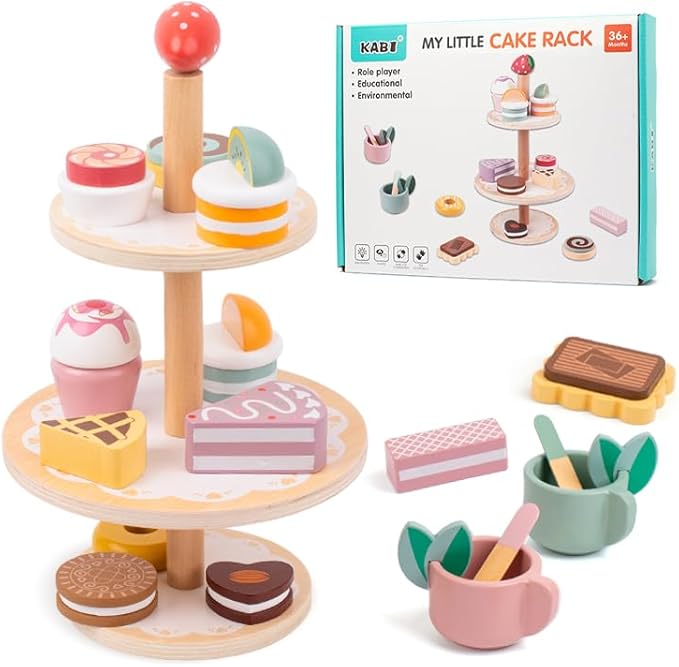 Wooden Tea Party Set, Tea Sets for Toddlers 3-5, Toddler Tea Set with Dessert Cookies & Cake Stand, Kids Tea Sets for Girls, Little Girl Tea Party Set Birthday