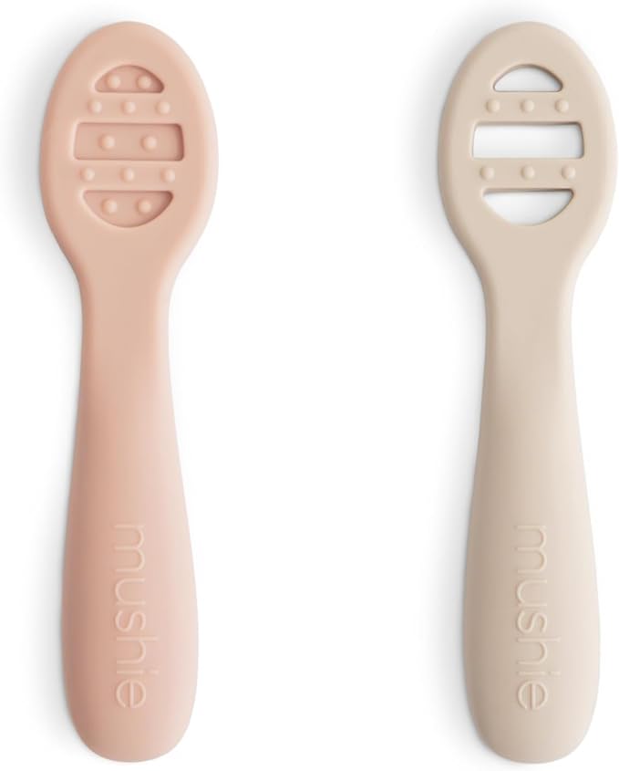 mushie Silicone First Feeding Baby Spoons | 2 Pack (Blush/Shifting Sand)