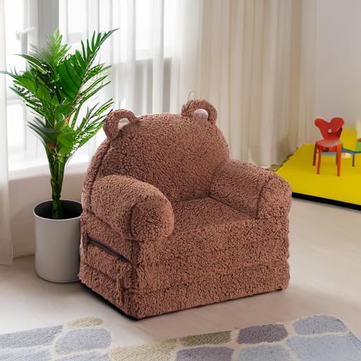 Foldable Kids Sofa, Sherpa Teddy Bear Toddler Couch with Tri Folding Foam Cushions, Comfy Kids Couch for Kids Age 18 Months and Up