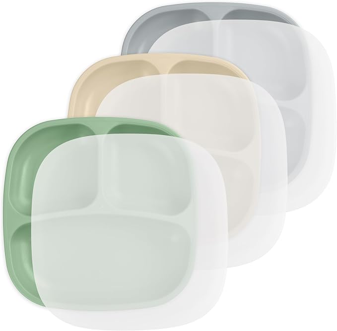 Re-Play Made in USA 7" Deep Walled Divided Plates for Kids, Set of 3 With 3 Lids - Reusable 3 Compartment Plates, Dishwasher and Microwave Safe - 7.37" x 7.37" x 1.25", Sage Brush
