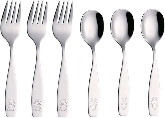 ANNOVA Kids Silverware 6 Pieces Children's Safe Flatware Set Stainless Steel - 3 x Forks, 3 x Children Dinner Spoons, Toddler Utensils, Metal Cutlery Set for LunchBox (Engraved Dog Bunny)