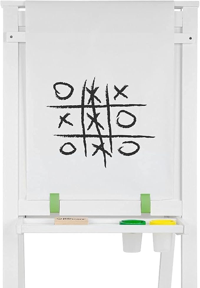Little Partners Folding EZ Painting Easel for Kids, Dual-Sided Art Easel for Kids Art Station, Folds Flat with Chalkboard, Dry Erase Whiteboard, Paper, Eraser, Paint Cups, Shelf (Soft White)