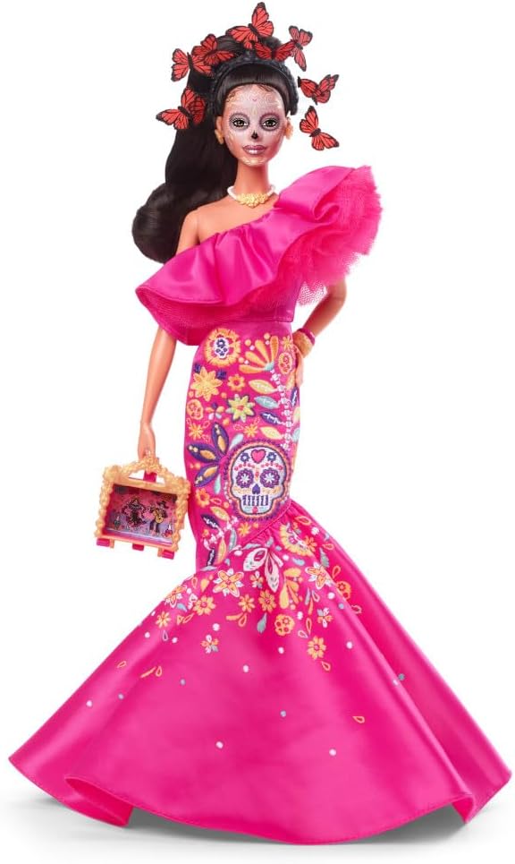 Barbie Signature Fashion Doll, 2023 Dia de Muertos Collectible Wearing Ruffled Pink Gown & Holding Tiny Ofrenda, Includes Doll Stand