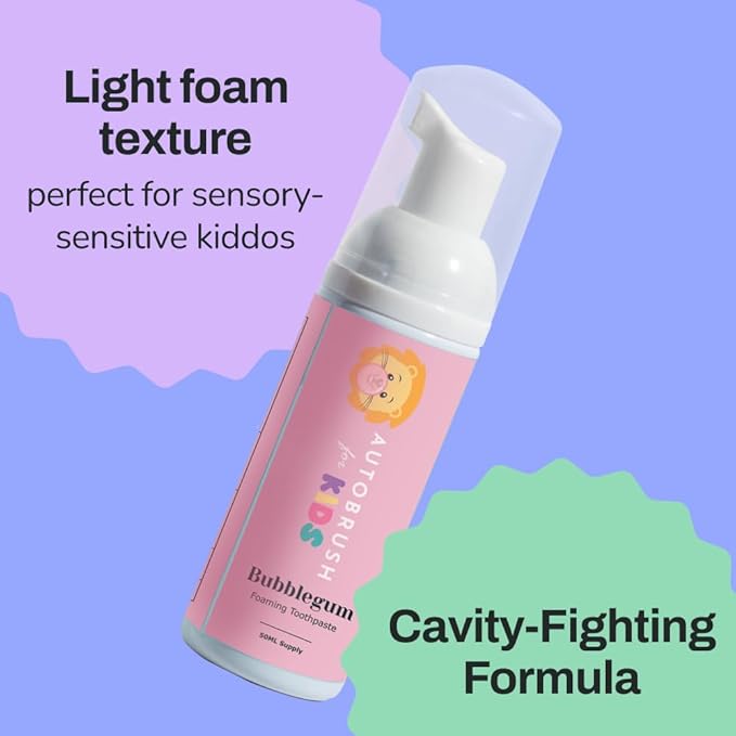 autobrush Kids Fluoride-Free Foaming Toothpaste Bubblegum Flavor for Electric or U-Shaped Toothbrush, SLS-Free, Training Toothpaste, Anti-Cavity (1 Pack)