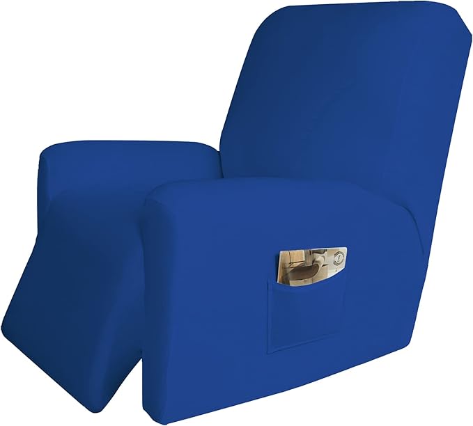 Easy-Going 4 Pieces Microfiber Stretch Recliner Slipcover – Spandex Soft Fitted Sofa Couch Cover, Washable Furniture Protector with Elastic Bottom for Kids, Pet(Recliner, Classic Blue)