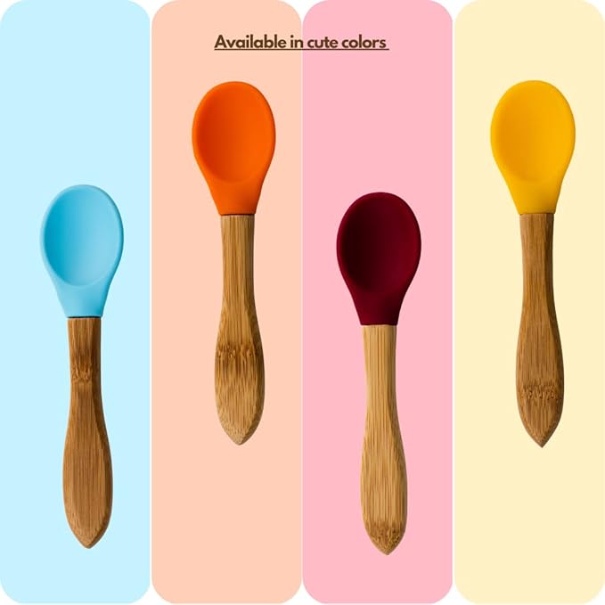 Babynow Bamboo Baby Spoons Self-Feeding Supplies for 6+ Months Babies & Toddlers in Bamboo & Soft Tip Designs BURGUNDY Pack of 2