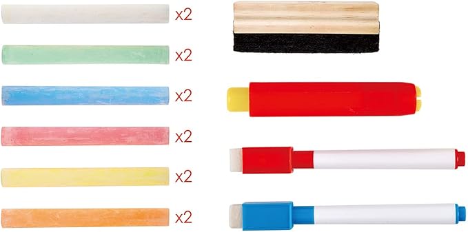 Hape Standing Flip Flat 2 Sided Kids Artwork Easel with Chalk Blackboard and Marker Whiteboard, Includes 4 Chalks, 2 Marker Pens, and One Board Rubber