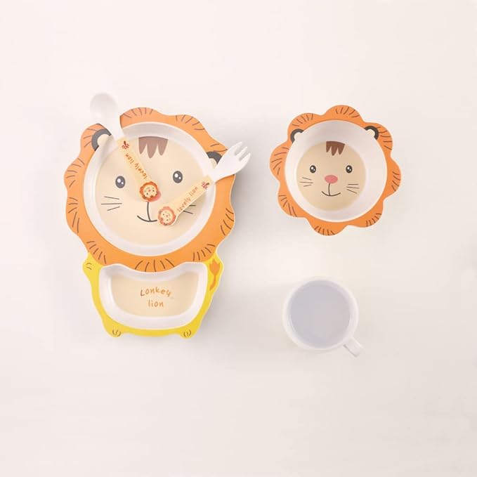 Kids Dinnerware Set Bamboo 5 Pcs with Plate Bowl Cup Fork Spoon (Lion)