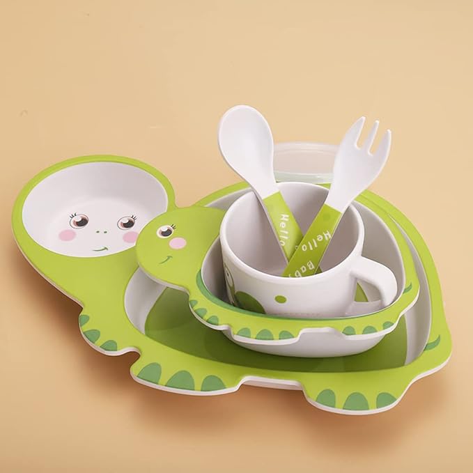 Bamboo Kids Dinnerware Set 5 Pcs Includes Plate Bowl Cup Fork Spoon Perfect for Kids BPA-Free (Tortoise)