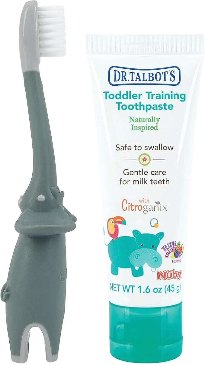 Toddler Training Toothbrush and Natural Kids Toothpaste with Citroganix - 1.6 oz - Fluoride-Free Toothpaste and Toddler Toothbrush - 6+ Months - Elephant