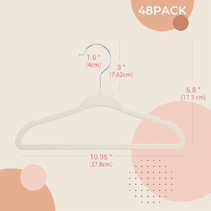 ManGotree 10.95" Baby Velvet Hangers, Non-Slip Infant Coat Hangers, Ultra-Thin Toddler Felt Hangers with 360° Swivel Hook, Space Saving Children's Hangers for Kids Clothes, 48 Pack (Beige)