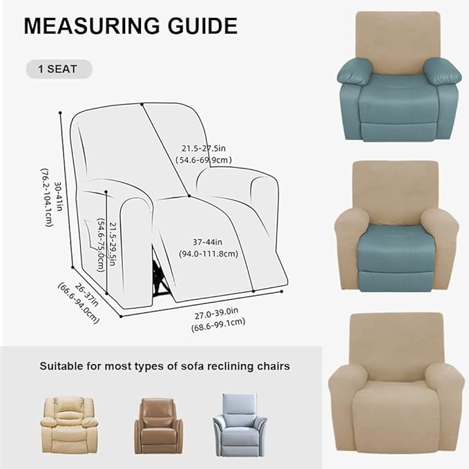 vctops 4 Pieces Jacquard Plush Recliner Slipcovers Stretch Soft Sofa Couch Cover Anti-Slip Solid Color Furniture Protector with Elastic Bottom for Kids Cats Dogs (Sky Blue,1 Seat)