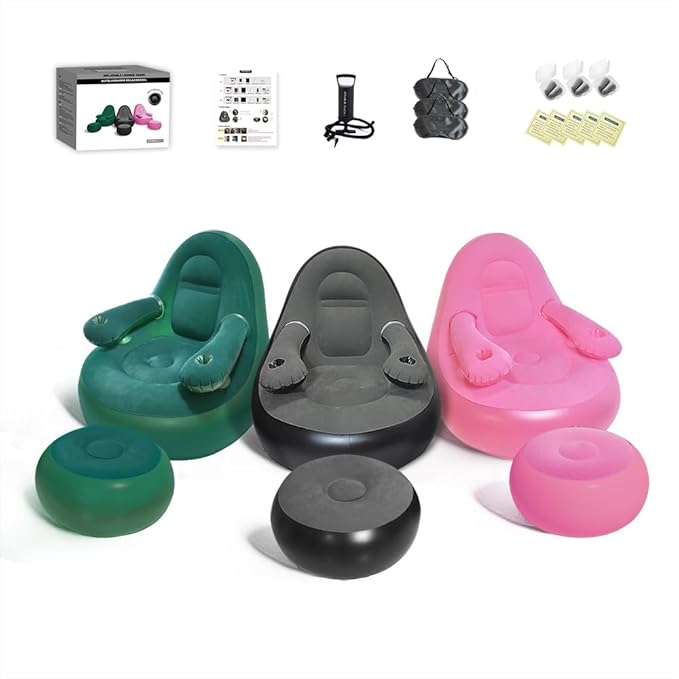Set of 3 Inflatable Armrest Lounge Chair with Ottoman,Hand Pump,Eye Mask,Earplugs-Portable Blow Up Sofa, Air Chaise Lounge, Ideal Lazy Couch Set for Family Movie Night,Gaming,Party,Camping,Garden……