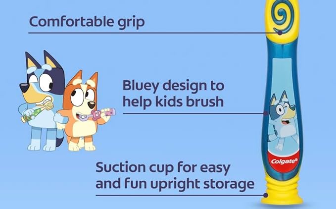 Colgate Bluey Toothbrush for Children with Suction Cup, Kids 2-5 Years Old, Extra Soft (Colors & Characters Very) - Pack of 6
