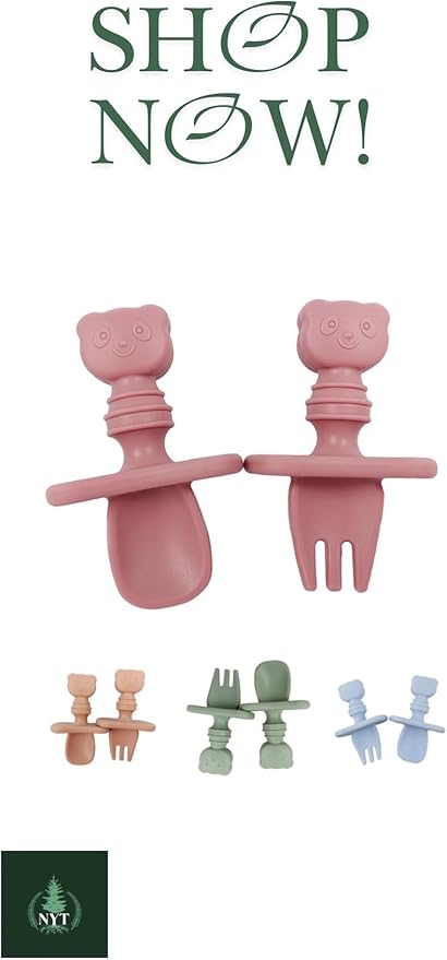 Baby Spoons and forks set, Silicone, Self Feeding pack of 2, Toddler spoon and fork set, Baby Led Weaning Supplies, First Stage Baby Essentials, Safe To Use, Gentle Teethers- (Earthy colors)