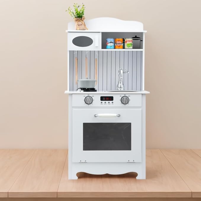 Play Kitchen for Kids, Wooden Kids Play Kitchen Playset Chef Pretend Play Set for Toddlers with Real Lights & Sounds, Toys Kitchen with 6pcs Cooking Accessories