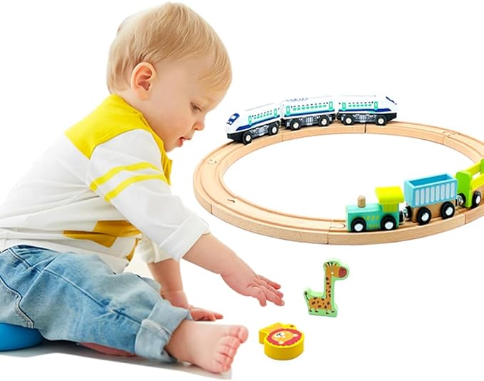 Wooden Trains Cars with Crane Magnetic Train Toys for Wooden Train Tracks Train Sets for Toddlers and Kids Ages 3+ (Zoo Train)