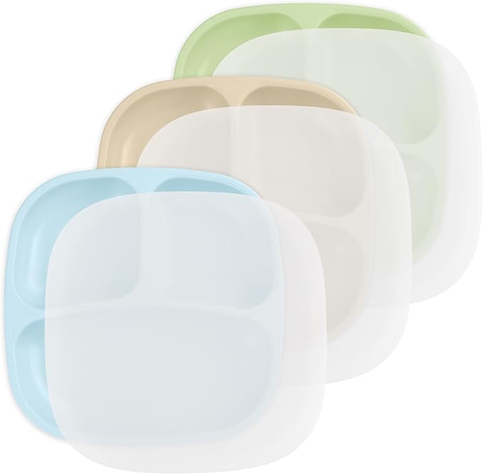 Re-Play Made in USA 7" Deep Walled Divided Plates for Kids, Set of 3 With 3 Lids - Reusable 3 Compartment Plates, Dishwasher and Microwave Safe - 7.37" x 7.37" x 1.25", Beach Baby