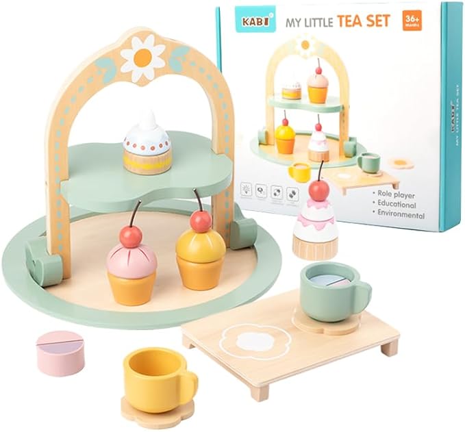 Wooden Tea Party Set,Toddler Tea Set with Cake Stand,Tea Sets for Toddlers 3-5，Pretend Play Tea Set Toy，Non-Toxic Wooden Tea Set for Little Girls Toddler Wood Tea Set Birthday