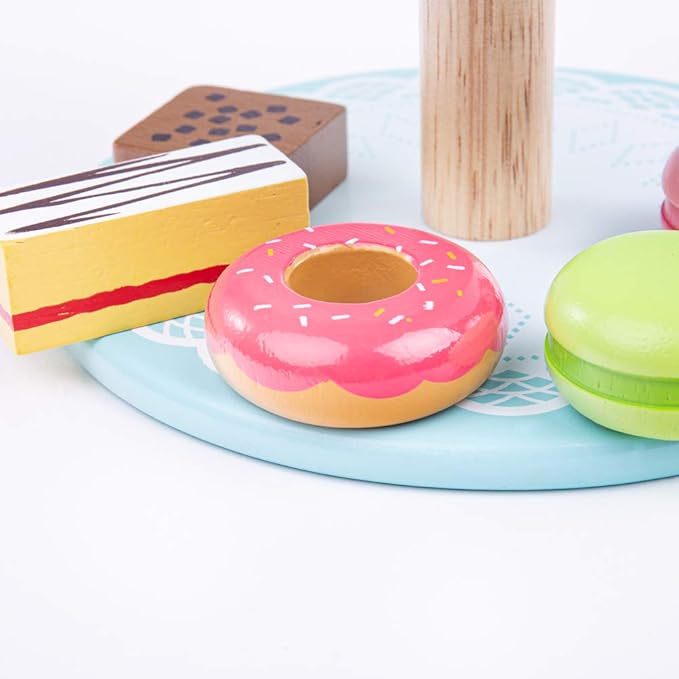 Bigjigs Toys Wooden Cake Stand with 9 Wooden Play Food Cakes - Quality Toy Food for Toddlers & Children, Perfect Kids Wooden Kitchen Accessories for Afternoon Tea Parties