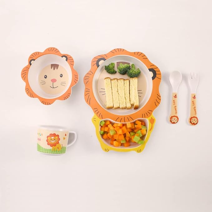 Kids Dinnerware Set Bamboo 5 Pcs with Plate Bowl Cup Fork Spoon (Lion)