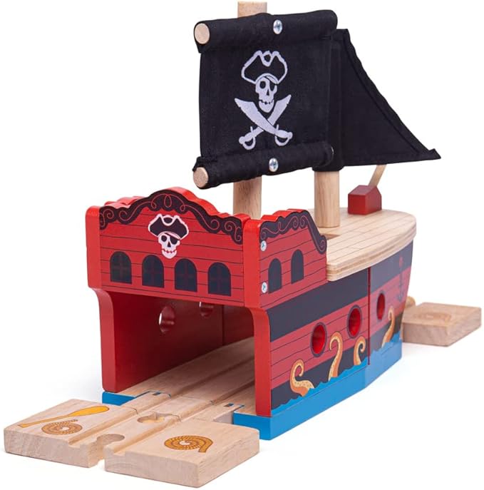 Bigjigs Rail Wooden Pirate Ship Galleon - Pirate Accessories for Wooden Train Sets, Bigjigs Train Accessories, Pirate Ship Toys for Kids, Wooden Toys for 3 4 5 Year Olds