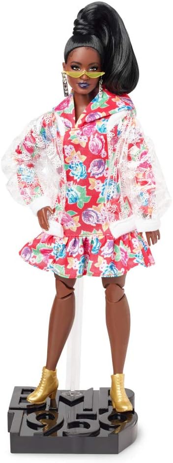 Barbie BMR1959 Fully Poseable Curvy Fashion Doll, Brunette, in Clear Vinyl Bomber Jacket and Floral Hoodie Dress, with Accessories and Doll Stand