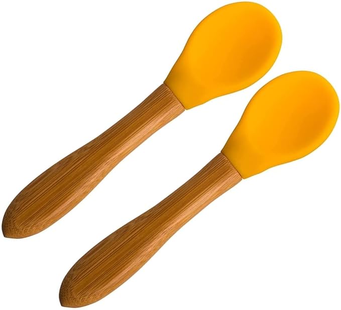 Baby Spoons Bamboo Feeding Spoon 5.5" with Silicone Tip BPA Free Toddler Food Spoons Yellow 2 PACK