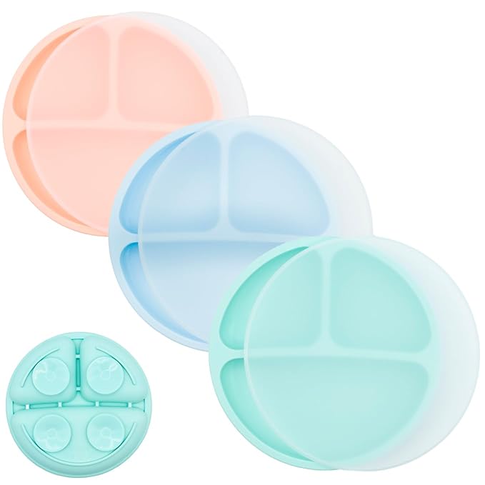 WeeSprout Suction Plates for Babies With Lids & Toddlers - 100% Silicone, Dinnerware Stays Put, Divided Design for Picky Eaters, Microwave & Dishwasher Friendly, 3 Pack