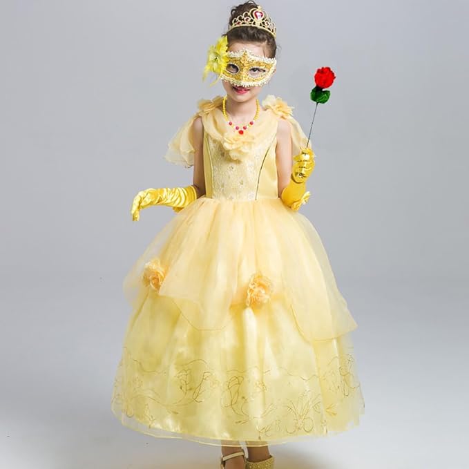 Princess Belle Costume Dress up Accessories for Girls Belle Gloves Tiara Crown Necklace Earrings Bracelet Ring Hair Bow and Rose Flower Set Princess Halloween Cosplay Accessories Christmas Gifts Set