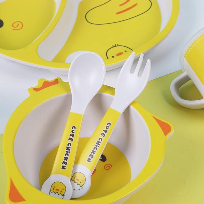 Bamboo Kids Dinnerware Set 5 Pcs Includes Plate Bowl Cup Fork Spoon Perfect for Kids BPA-Free (Chicken)