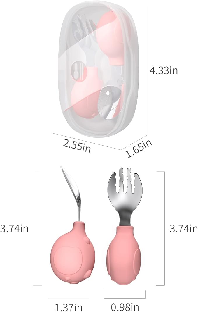 Deejoy Toddler Utensils, Toddler Spoons and Forks, Stainless Steel Spoon Toddler Silverware Set, Kids Silverware Self Feeding Flatware Set with Travel Safe Case for Kids (Pink)