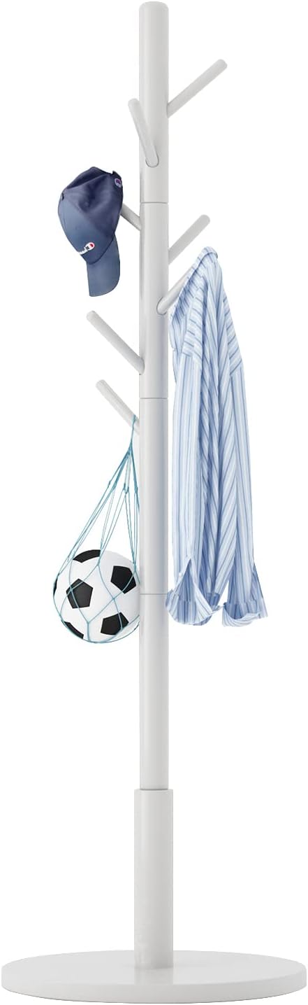 Standing Coat Rack White Coat Stand with 8 Hooks and 3 Height Options, Wood Kids Coat Tree with Sturdy Round Base, Small Hall Tree White YD-1009