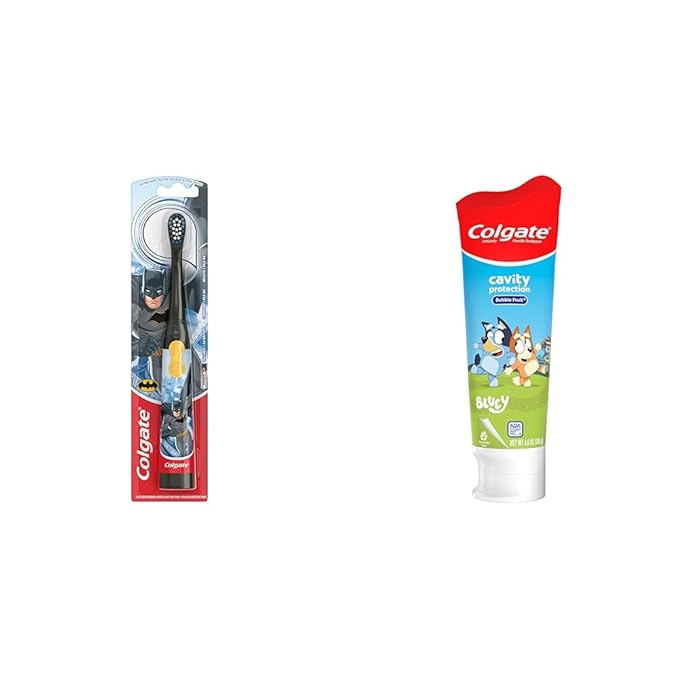 Colgate Kids Battery Powered Toothbrush, Batman, Extra Soft Toothbrush, Ages 3 and Up, 1 Pack, Colors May Vary & Kids Bluey Toothpaste with Fluoride, Fights Cavities, Mild Fruit Flavor, Sugar Free