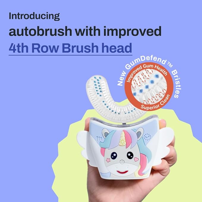 autobrush Kids U Shaped Electric Toothbrush, ADA Accepted, Sonic Pro with Unique 360° Nylon Bristles 3 Cleaning Modes,Whitening LED-Lights,Plays Music (Double-Sided),Ages 9-12, Unicorn