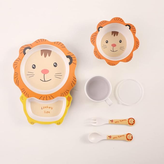 Kids Dinnerware Set Bamboo 5 Pcs with Plate Bowl Cup Fork Spoon (Lion)