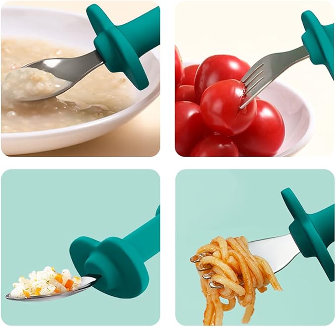 Toddler Utensils Stainless Steel Forks and Spoons Safe Children's Cutlery Set Handle Cartoon Cute for Baby (Green Dinosaur - Short)