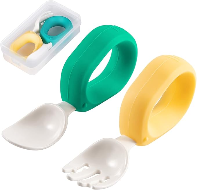 Baby Self Feeding Training Spoon and Fork Set with Travel Case, BPA-Free Cute Circle Toddler Training Utensils, Silicone/ABS Great Tableware Set Spoons Fork for Kids(Deep Green & Light Yellow)
