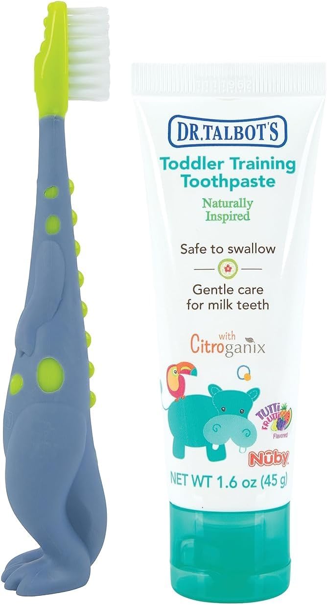 Dr. Talbot's Toddler Training Toothbrush and Natural Kids Toothpaste with Citroganix - 1.6 oz - Fluoride-Free Toothpaste and Toddler Toothbrush - 6+ Months - Dinosaur