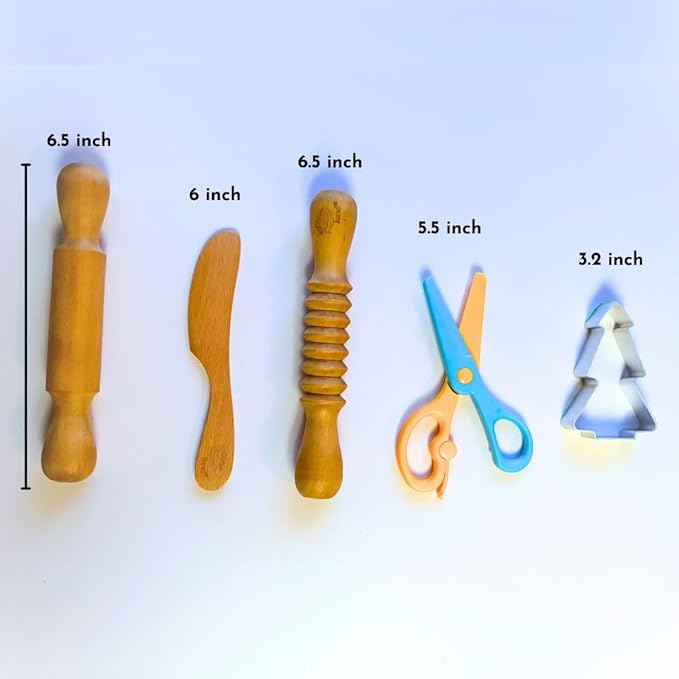 Dough Tools | Set of 5 Sculpting Tool to Roll, Cut, Flatten | Wooden Rollers & Knife | Child-Safe Scissor | Pretend Play Kitchen Tool | Clay Mould Tool for Kids Ages 2-7 | Art & Craft