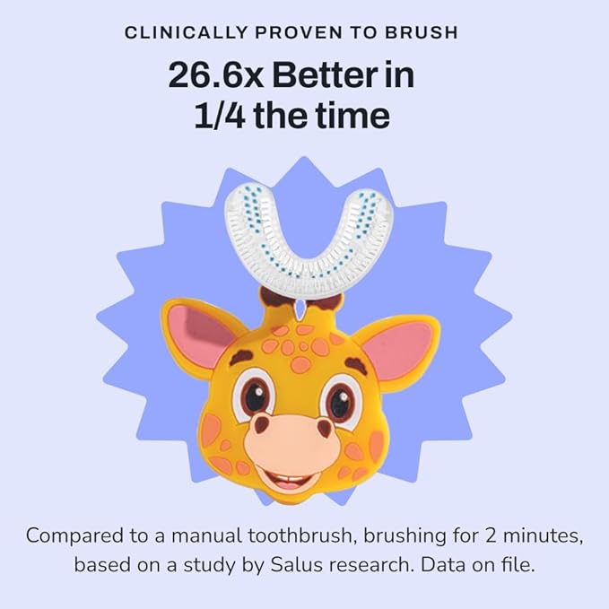 autobrush U Shaped Kids Manual Toothbrush- 360° Design for Upto 5.1X Better Cleaning with Unique Nylon Bristles, Comfort Grip Handle, Waterproof Design, Ages 3-5, Giraffe (Double-Sided)