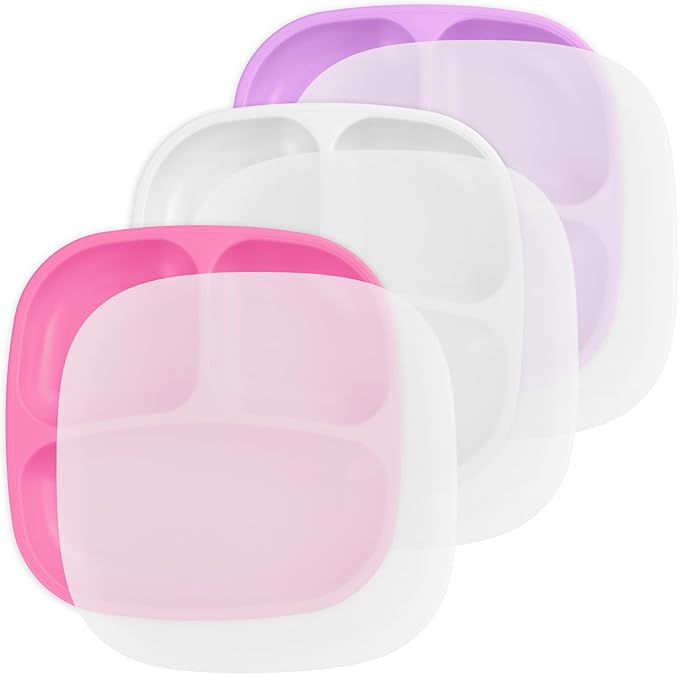 Re-Play Made in USA 7" Deep Walled Divided Plates for Kids, Set of 3 With 3 Lids - Reusable 3 Compartment Plates, Dishwasher and Microwave Safe - 7.37" x 7.37" x 1.25", Berry
