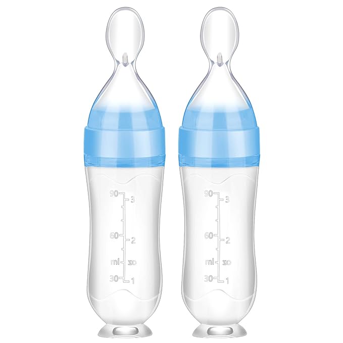 Nuanchu Baby Food Feeder Silicone Squeeze Feeding Spoon Toddler Food Feeder Dispensing Spoon Suction Cup Design Feeder (Blue)