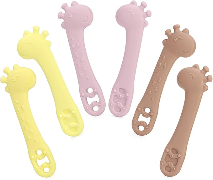 Silicone Baby Spoon Set | Stage 1 & 2 Silicone Self-Feeding Baby Rattle | BPA-Free | Easy to Hold for Babies 6 Months+ | Teething Friendly | 6-Piece Pack with Multiple Colors for Boys & Girls