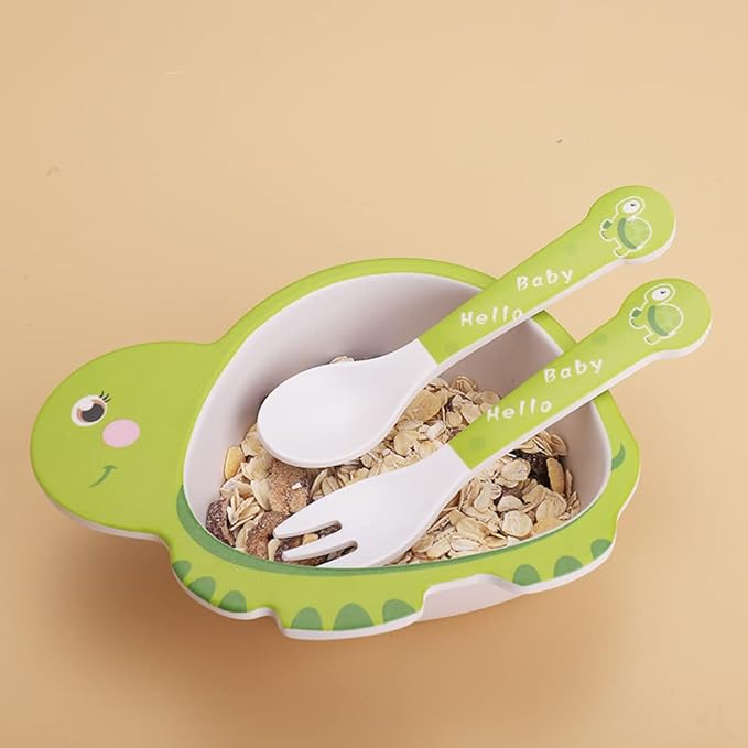 Bamboo Kids Dinnerware Set 5 Pcs Includes Plate Bowl Cup Fork Spoon Perfect for Kids BPA-Free (Tortoise)