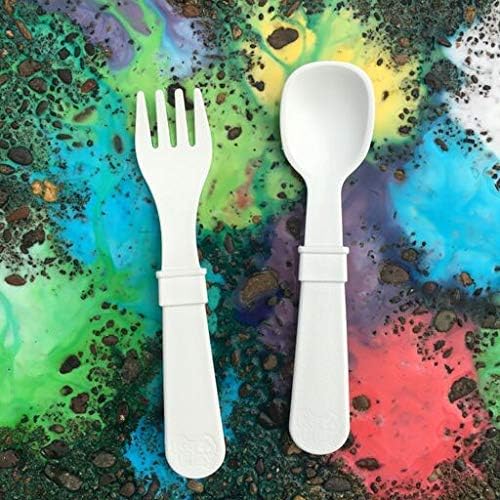 Re-Play Made in USA Toddler Forks and Spoons, Pack of 8 Without Carrying Case - 4 Kids Forks with Rounded Tips and 4 Deep Scoop Toddler Spoons - 0.2" Thick Toddler Utensils, Preschool